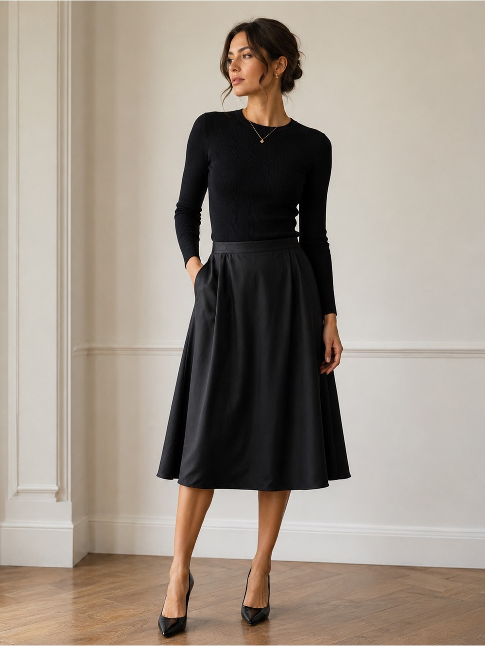 Vintage Serge Nancel Paris 100% Silk Midi wrap skirt Black Size 42 US 4/6